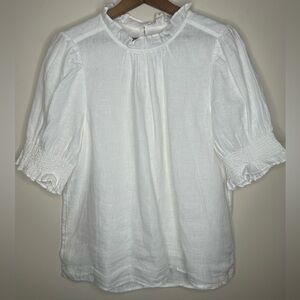 J Crew White Crisp Linen Blouse Size M High Ruffled Neck and Sleeves Romantic
